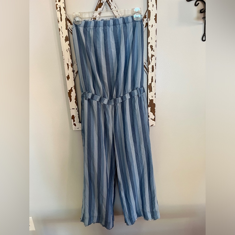 BELLA DAHL Womens Small Strapless Frayed Jumpsuit Flowy Light Blue Striped